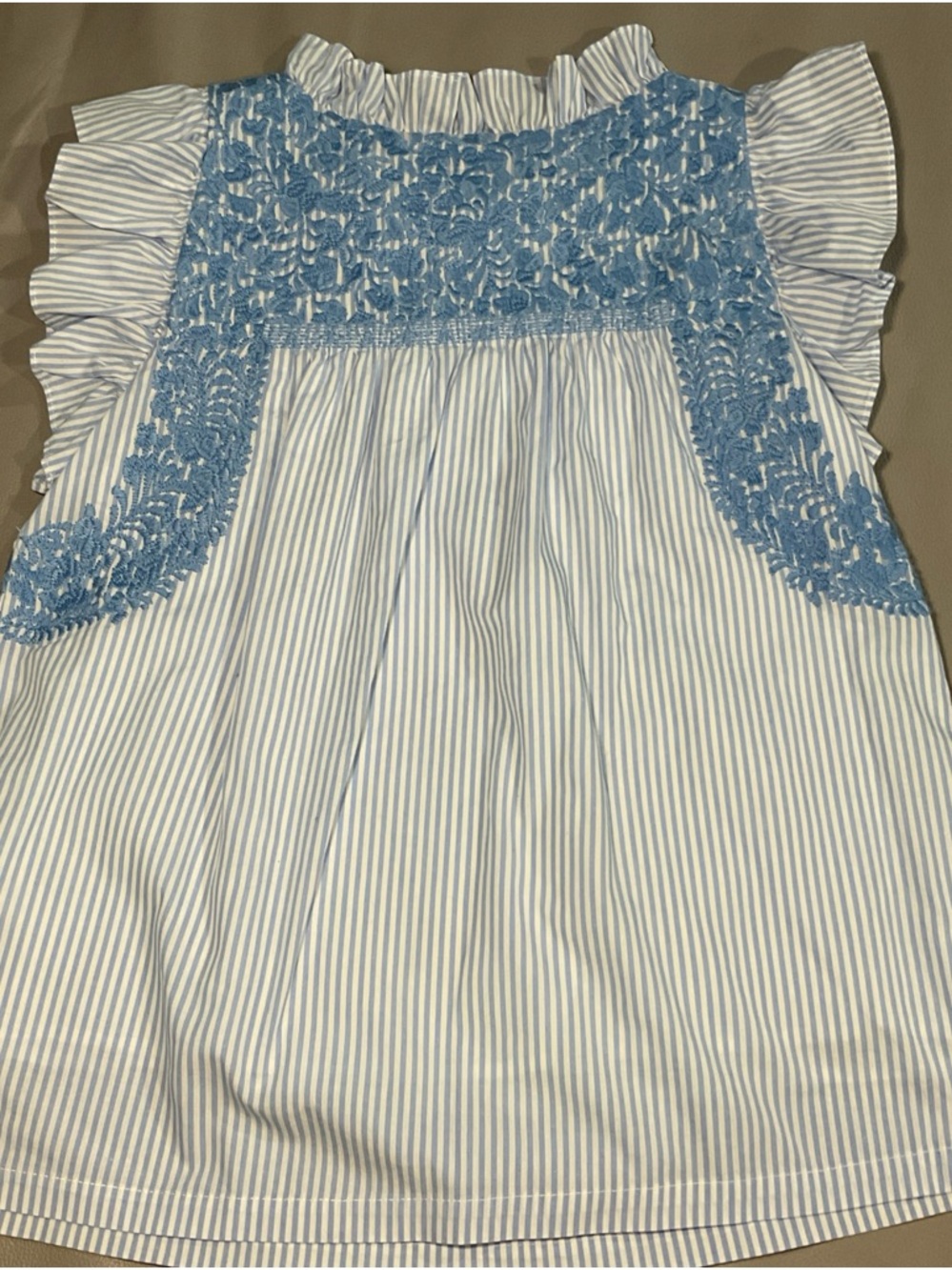 Light Blue Striped Ruffle Sleeve Blouse with Crochet Trim - Picture 5 of 7